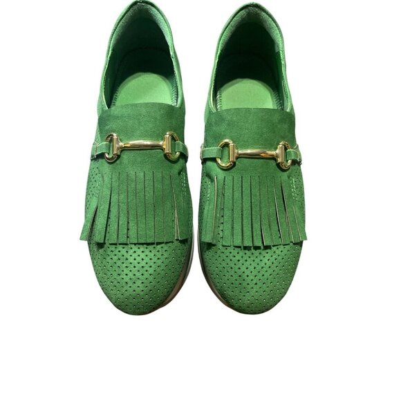Crown I y Shoes - Crown And Ivy Green Perforated Suede Loafers With Fringe & Gold Bit Detail 9.5